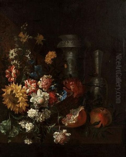 A Basket Of Carnations, Morning Glory, Peonies And A Sun Flower With Two Oriental Blue And White Vases And Pomegranates On A Wooden Table - view 1