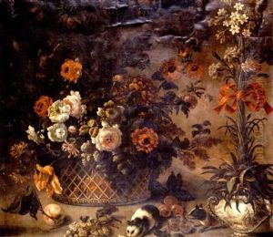 Tulips, Roses, Carnations, Honeysuckle And Other Flowers In A Basket With A Vase Of Upright Carnations And Other Flowers Tied With A Red Ribbon, Guinea Pigs With Grapes by Jean-Baptiste Ii Belin