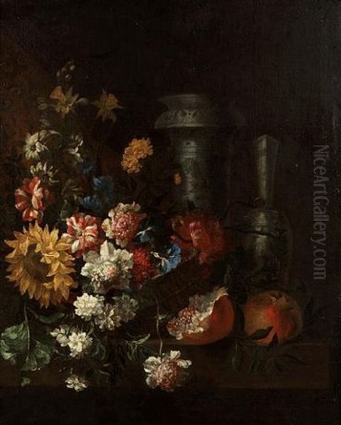 A Basket Of Carnations, Morning Glory, Peonies And A Sunflower With Two Oriental Blue And White Vases And Pomegranates On A Wooden Table - view 1