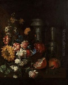 A Basket Of Carnations, Morning Glory, Peonies And A Sunflower With Two Oriental Blue And White Vases And Pomegranates On A Wooden Table