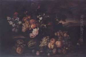 Peaches, Grapes, Pomegranates And Plums With Roses, Carnations And Other Flowers In A Basket, With A Melon, Peaches, Grapes And Plums In A Landscape by Jean-Baptiste Ii Belin