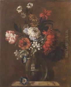 Carnations, Daisies, Morning Glory And Blossom In A Glass Vase On A Ledge