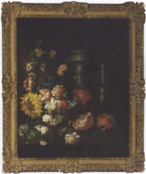 A Sunflower, Carnations, Narcissi, Morning Glories And Other Flowers In A Basket With Two Vases And Pomegranates On A Ledge - view 1