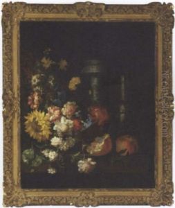 A Sunflower, Carnations, Narcissi, Morning Glories And Other Flowers In A Basket With Two Vases And Pomegranates On A Ledge