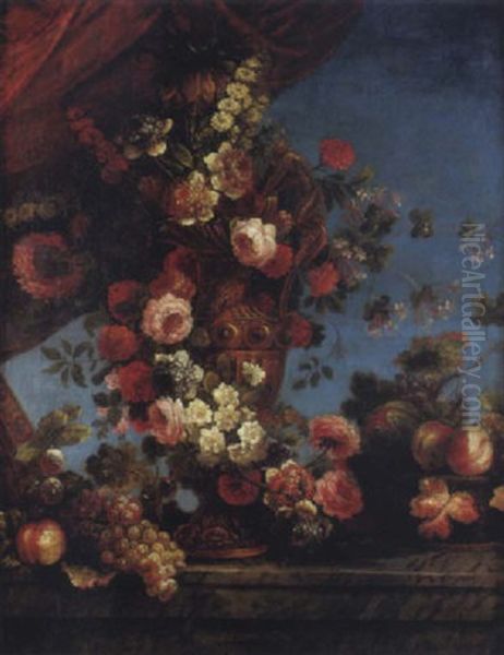 Vase De Fleurs Et Fruits Sur Un Entablement - view 1