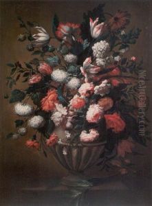 A Still Life Of Roses, Peonies, Tulips, Carnations And Other Flowers In A Stone Vase On A Stone Ledge by Jean-Baptiste Ii Belin