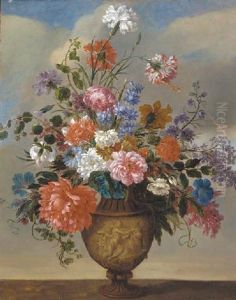 Carnations, Morning Glory, Foxglove, Peonies And Other Flowers In An Urn On A Ledge by Jean-Baptiste Ii Belin