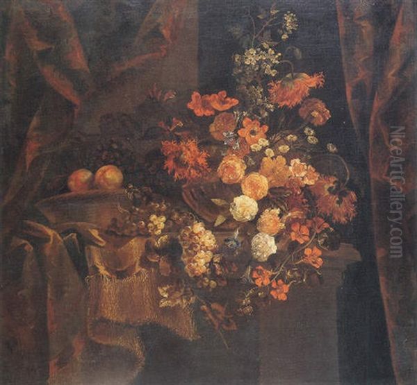 Flowers In A Vase And Fruit On A Partly Draped Pedestal - view 1
