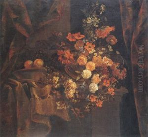 Flowers In A Vase And Fruit On A Partly Draped Pedestal