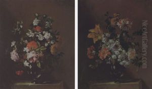 Tulips, Carnations, Roses, Daisies And Other Flowers In Glass Vase On A Stone Plinth by Jean-Baptiste Ii Belin