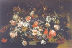 Parrot Tulips, Carnations, Daffodils And Other Flowers In A Basket On A Pedestal