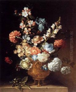 Still Life With Flowers In A Copper Vase On A Stone Ledge