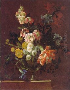 A Still Life Of A Variegated Carnation, Convolvulus And Other Flowers In A Glass Vase On A Stone Ledge