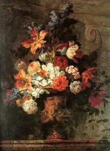 Still Life Of Flowers In A Gold Vase Resting On A Marble Ledge