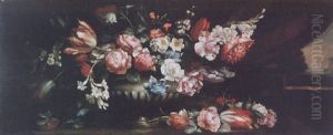 A Still Life Of Jasmine, Tulips, Roses, Orange Blossom And Other Flowers In A Sculpted Stone Vase On A Stone Ledge
