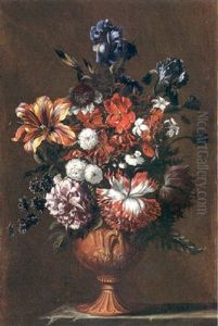 Irises, A Tulip, A Poppy, A Rose, Jasmine And Other Flowers  In A Sculpted Urn On A Stone Ledge