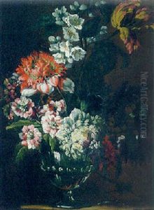 Carnations, Stocks, Dahlias And A Parrot Tulip In A Glass Vase by Jean-Baptiste Ii Belin