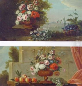 Flowers In An Urn On A Pedestal By A Basket Of Plums In A Landscape