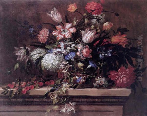 Still Life Of Tulips, Convolvulus, Lilac, Honeysuckle, Poppies And Other Flowers In A Basket On Stone Ledge - view 1