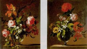 A Still Life Of Roses, A Tulip, Nasturciums And Other Flowers In A Glass Vase On A Stone Ledge by Jean-Baptiste Ii Belin