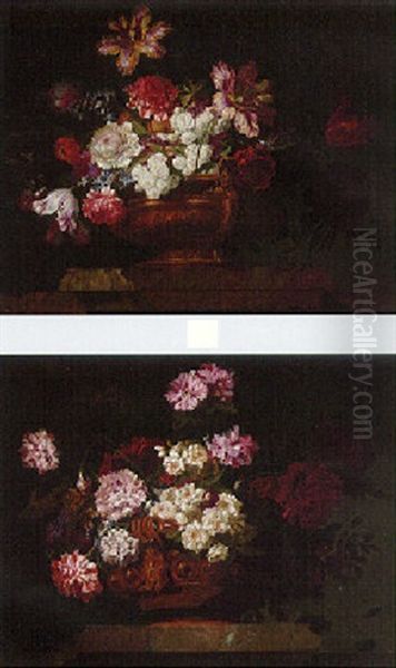 Tulips, Carnations, Roses And Other Flowers In Urn On Ledge - view 1