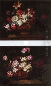 Tulips, Carnations, Roses And Other Flowers In Urn On Ledge