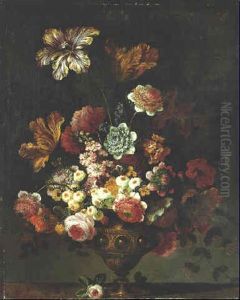 Parrot Tulips, Roses, Carnations And Other Flowers In A Brass Vase On A Ledge