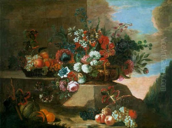 Nature Morte A La Vasque De Fleurs Et Aux Fruits Sur Un Muret - view 1