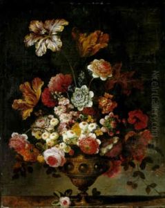 Parrot Tulips And Other Flowers In A Brass Vase On A Ledge