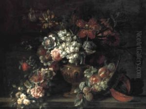 Flowers In A Vase With Peaches And Other Fruit On A Ledge