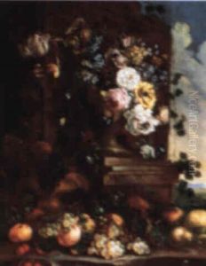 Still Life Of Flowers In A Stone Urn Resting On A Pedestal, With A Still Life