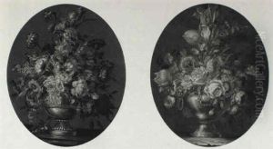 Still Life Of Tulips, Roses And Other Flowers In Gilt Urns by Jean-Baptiste Ii Belin