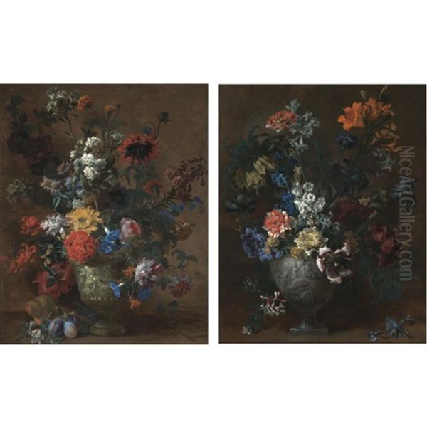Carnations, Lilies, Delphinium, Tulips, Fritillaria Imperialis, Iris, Apple Blossom, Honeysuckle, Narcissi (+ Morning-glory, Martagon Lilies, Poppies, A Sunflower; Pair) - view 1