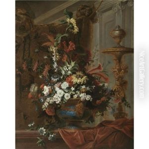 Still Life With A Bouquet Of Flowers In An Elaborate Brass Urn Standing In A Palatial Interior