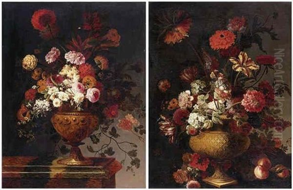 Still Life Of Flowers In An Elaborately Carved Vase - view 1