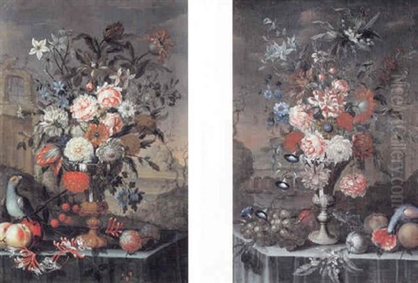 Opstilling Med Blomster, Fugle Og Frugter Pa En Karm, I Baggrunden Bjergrigt Landskab - view 1