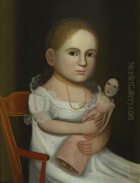 Portrait Of A Young Girl Wearing A White Dress And Gold Beads, Holding A Doll - view 1