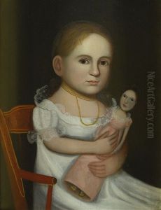 Portrait Of A Young Girl Wearing A White Dress And Gold Beads, Holding A Doll by Zedekiah Belknap