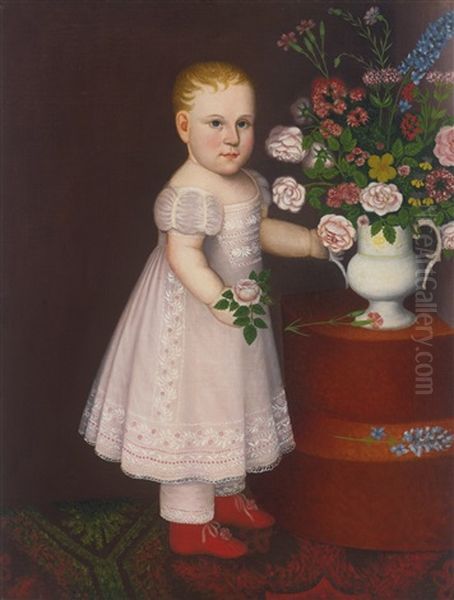 Portrait Of A Blond-haired Child In Lace-embroidered Pink Dress With A Bouquet Of Flowers - view 1