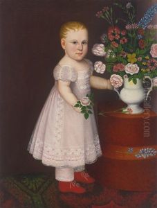 Portrait Of A Blond-haired Child In Lace-embroidered Pink Dress With A Bouquet Of Flowers by Zedekiah Belknap
