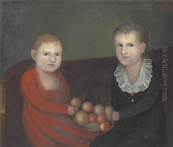 A Double Portrait Of Two Children Holding A Bowl Of Fruit - view 1