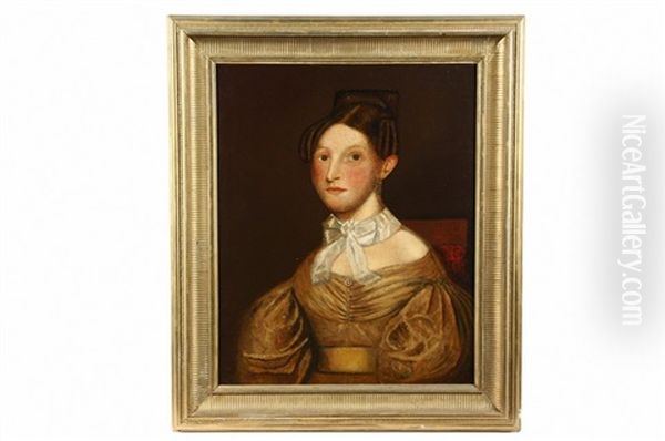 Woman In Gold Dress With White Bow At Her Neck - view 1