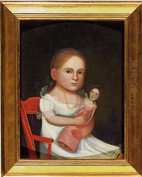 Portrait Of A Brown-eyed Young Girl In White Dress And Gold Beads, Sitting In Child's Windsor Chair Holding Her Doll - view 1