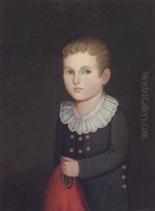 Portrait Of A Young Blond Boy In A Buttoned Navy Blue Jacket And Ruffled Collar, Holding A Red Drawstring Gunnysack