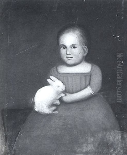 Portrait Of A Child In A Blue Dress Holding Her Pet Rabbit - view 1