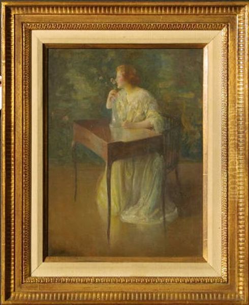 Woman Seated At Writing Desk With Flowers - view 1
