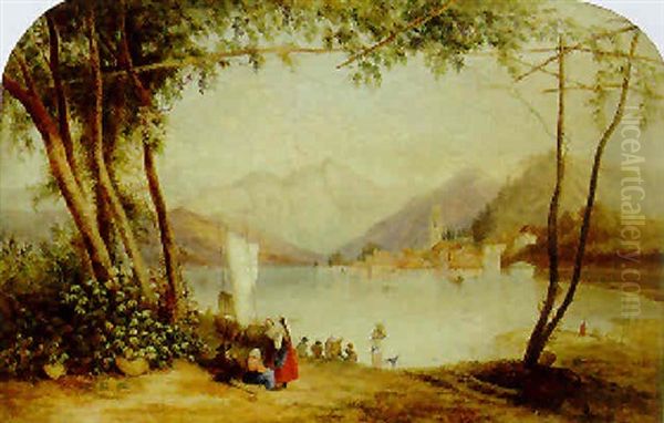 Figures Before A North Italian Lake With A Town Beyond - view 1