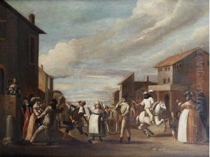 Figures Of The Commedia Dell'arte In A Village (+ An Italianate Capriccio With Figures Of The Commedia Dell'arte; Pair) by Gabriel Bella