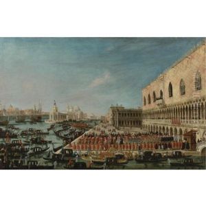 A View Of The Molo, Venice, Looking West With A Procession Of Ambassadors And Attendants Entering The Palazzo Ducale by Gabriel Bella