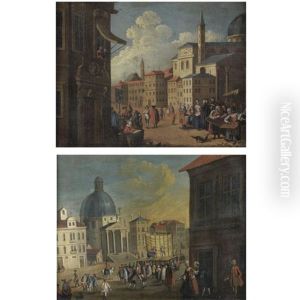 A Capriccio View Of An Italian City With A Market Place In The Foreground (+ A Capriccio View Of An Italian City With A Crowd Watching A Play; Pair) by Gabriel Bella